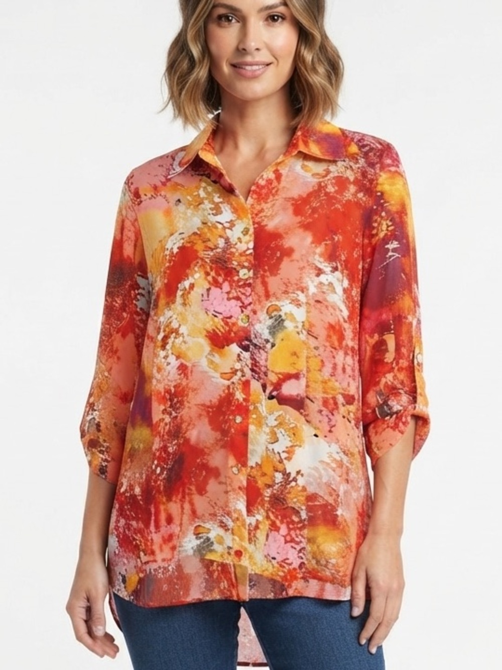 SUNNY LEIGH Chiffon Blouse Abstract Button Down Lightweight Flowy Size Medium